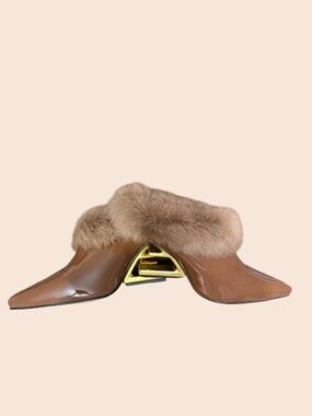 Brown Fur-Trim Patent Leather Mule Heels with Gold Accent